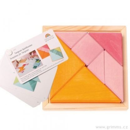 Tangram oranžovo růžový s předlohami, 7 dílů (Grimm's)