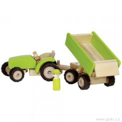 Zelený traktor s vlečkou, dřevěná hračka pro kluky (Goki)