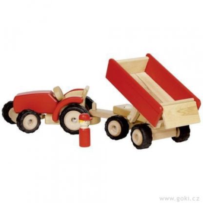 Červený traktor s vlečkou, dřevěná hračka pro kluk (Goki)