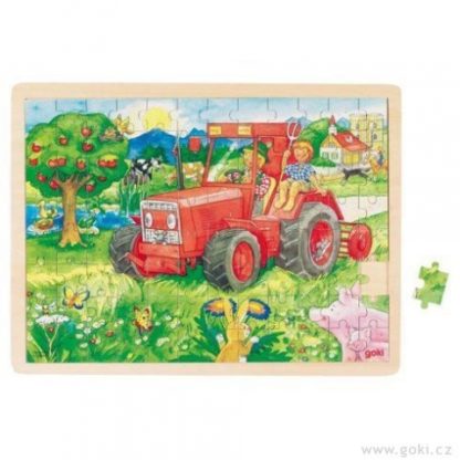 Puzzle na desce – Červený traktor, 96 dílů