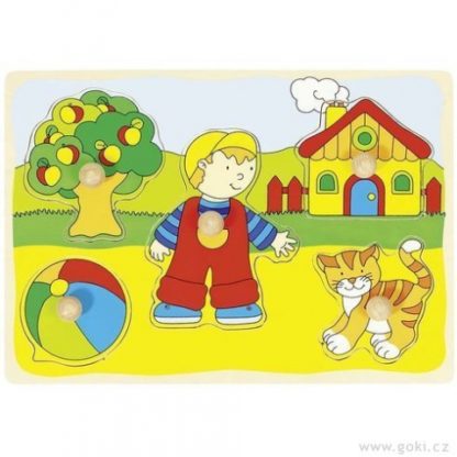Puzzle s dřevěnými úchytkami – Dům, kočka, strom..