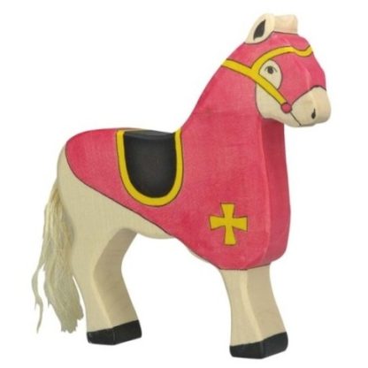 Červený turnajový kůň – vyřezávaná dřevěná figurka (Holztiger)