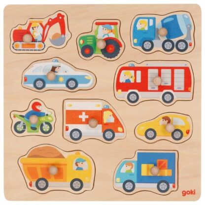Dopravní prostředky – vkládací puzzle s obrázky na pozadí, 10 dílů (Goki)